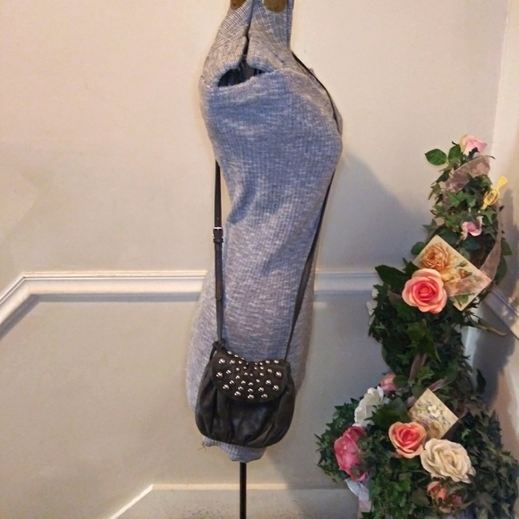 Badgley Mischka Charcoal Leather Boho/Rocker Chic Silver Studded Crossbody Purse - Picture 13 of 13